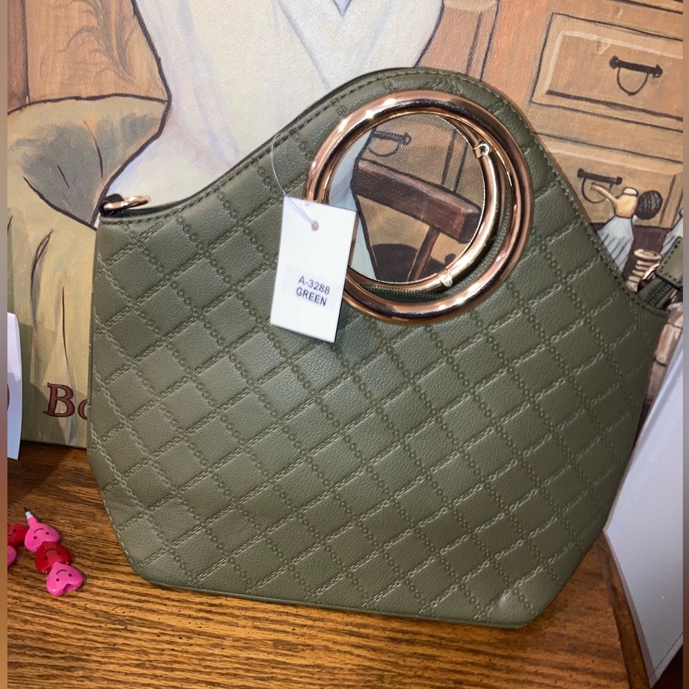 Olive Green Quilted Tote Bag with Gold Accents